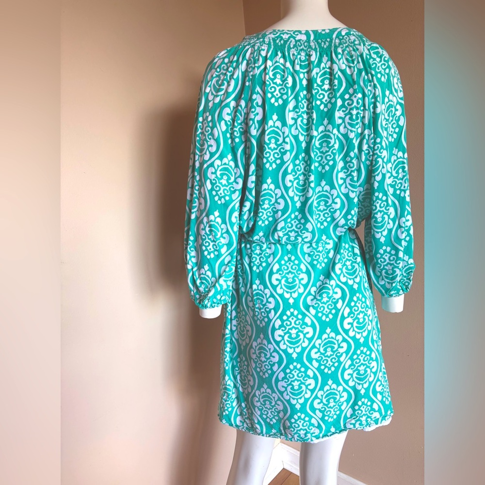 Crown & Ivy 3/4 Sleeve Button Down Drawstring Dress Teal Blue Green White Sz 16 - Picture 6 of 9